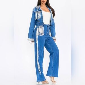 Denim jacket and wide leg pants Fringe 2 pc set